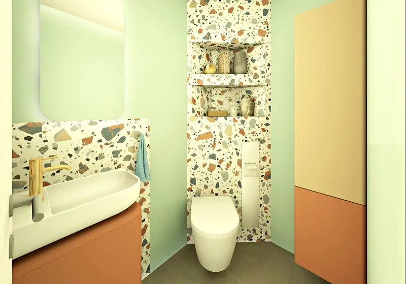 Visualisierung eines Gäste-WCs mit Terrazzo-Wand und Nischen